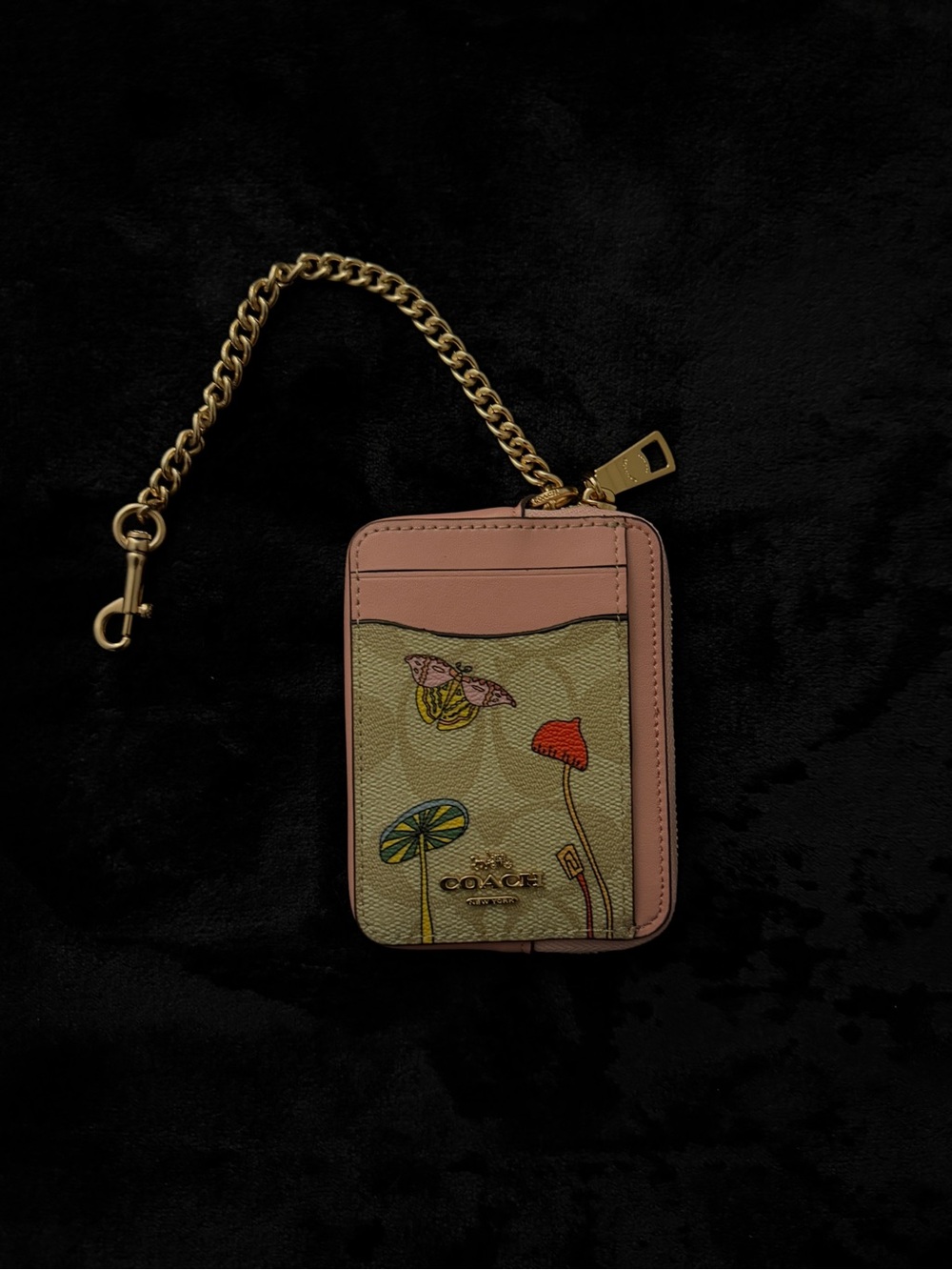 COACH Pink Trim Floral Print Zip Card Holder with Gold Chain